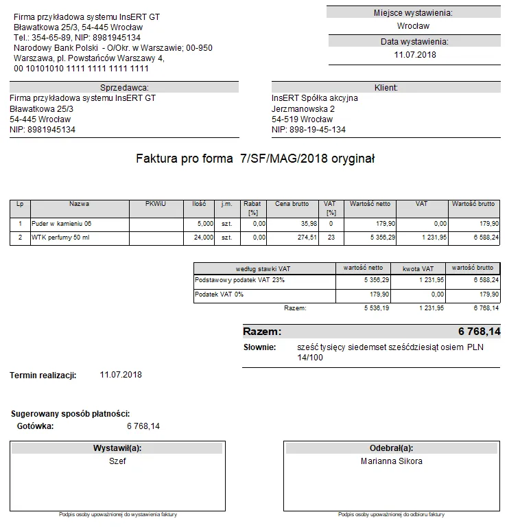 Faktura proforma wzór
